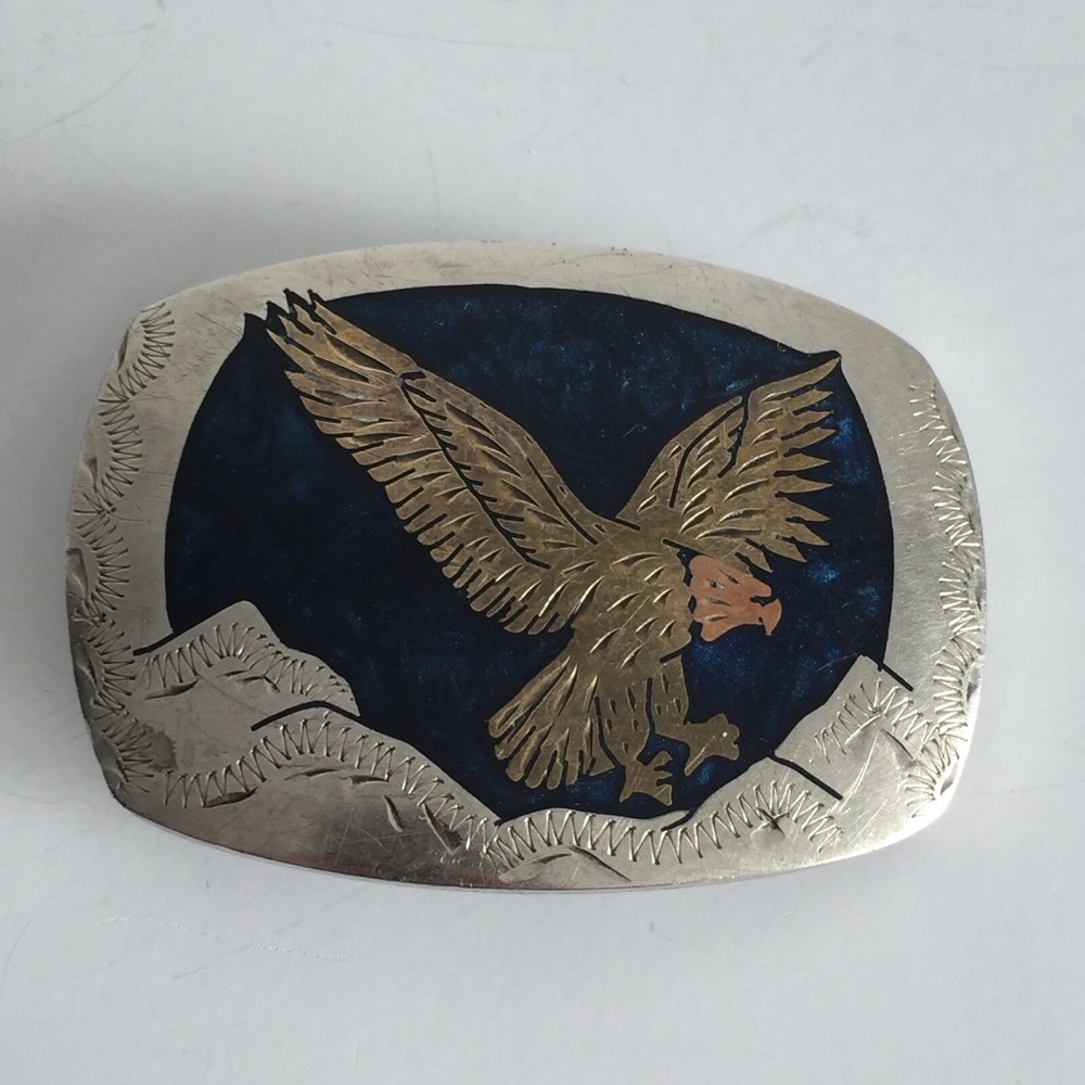 Vintage Western Alpaca Mexico Flying Eagle Inlaid Belt Buckle Copper Brass Blue